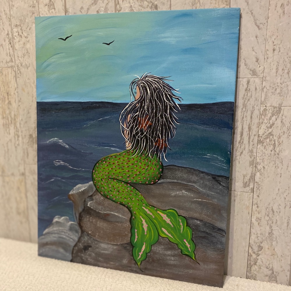 Hand crafted painted Mermaid Ocean Rock canvas wall Art 11X14” free handed - Picture 10 of 11